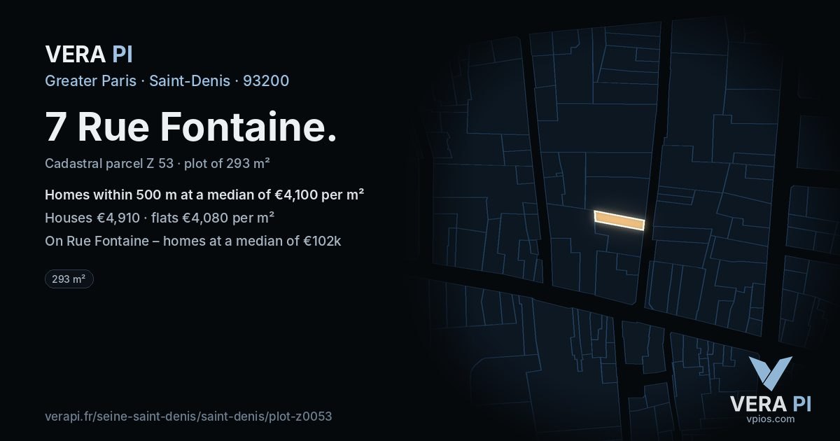 7 Rue Fontaine, Saint-Denis at night – the plot lit, the parcels around coloured by the prices near them