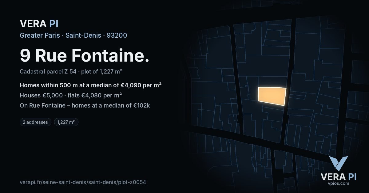 9 Rue Fontaine, Saint-Denis at night – the plot lit, the parcels around coloured by the prices near them