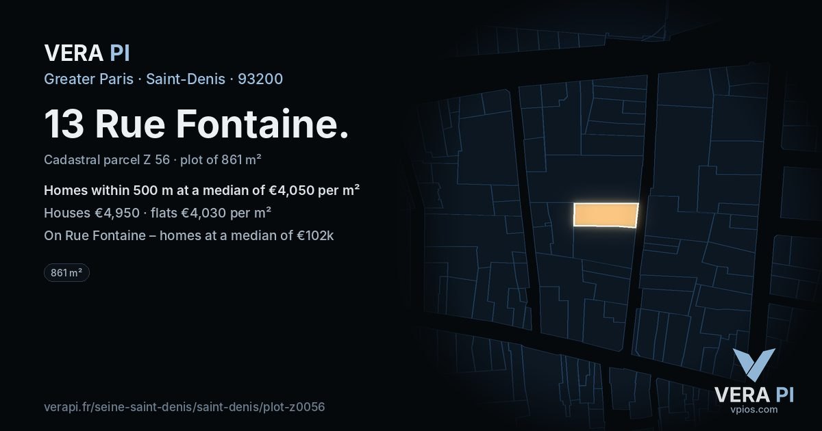 13 Rue Fontaine, Saint-Denis at night – the plot lit, the parcels around coloured by the prices near them