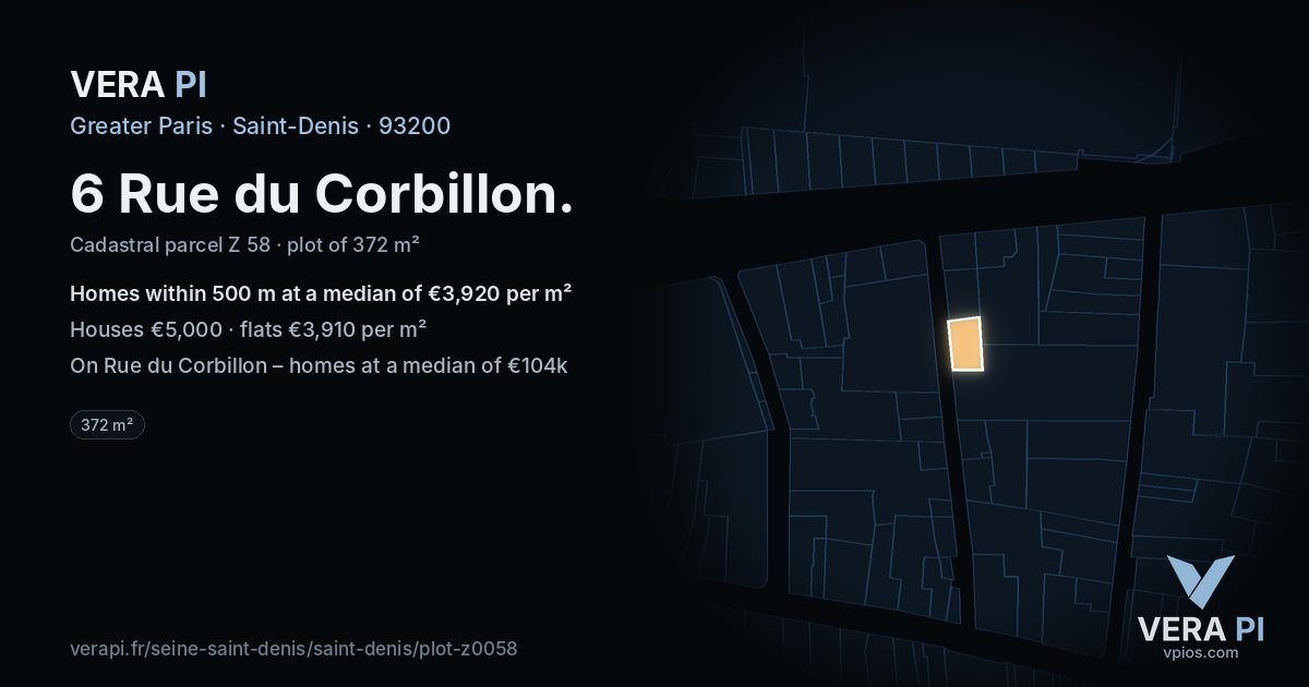 6 Rue du Corbillon, Saint-Denis at night – the plot lit, the parcels around coloured by the prices near them