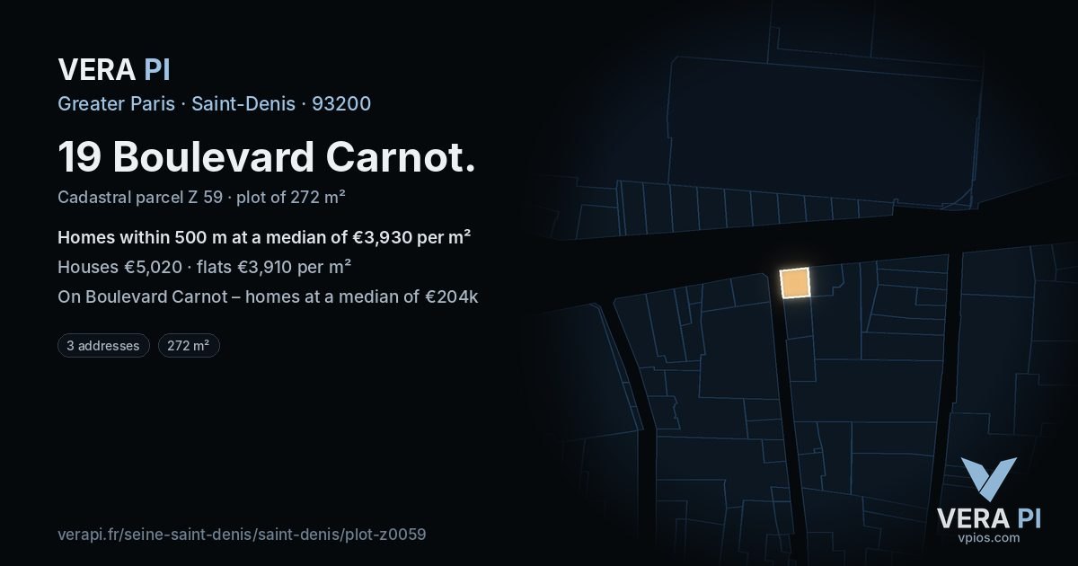 19 Boulevard Carnot, Saint-Denis at night – the plot lit, the parcels around coloured by the prices near them
