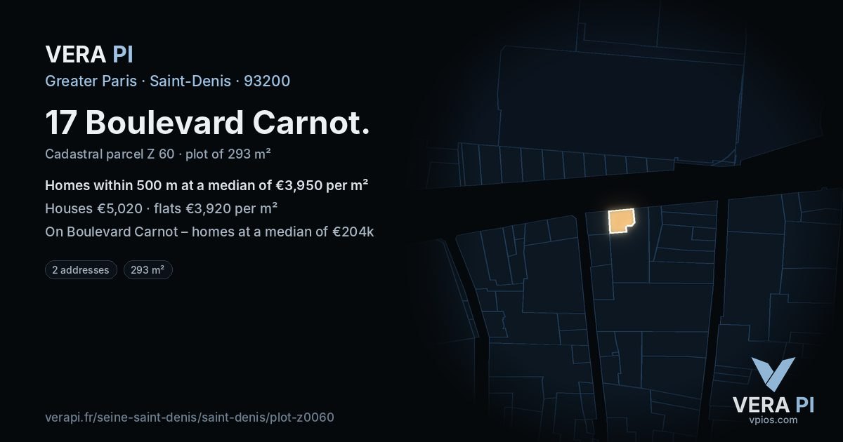 17 Boulevard Carnot, Saint-Denis at night – the plot lit, the parcels around coloured by the prices near them