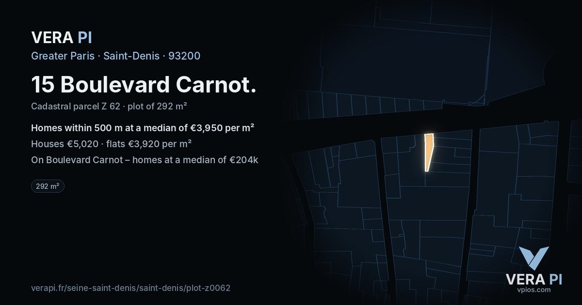 15 Boulevard Carnot, Saint-Denis at night – the plot lit, the parcels around coloured by the prices near them