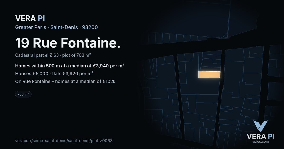 19 Rue Fontaine, Saint-Denis at night – the plot lit, the parcels around coloured by the prices near them