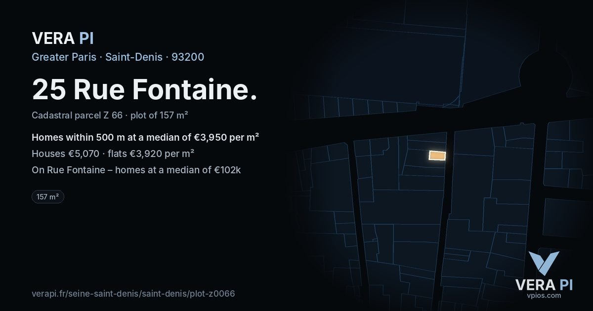 25 Rue Fontaine, Saint-Denis at night – the plot lit, the parcels around coloured by the prices near them