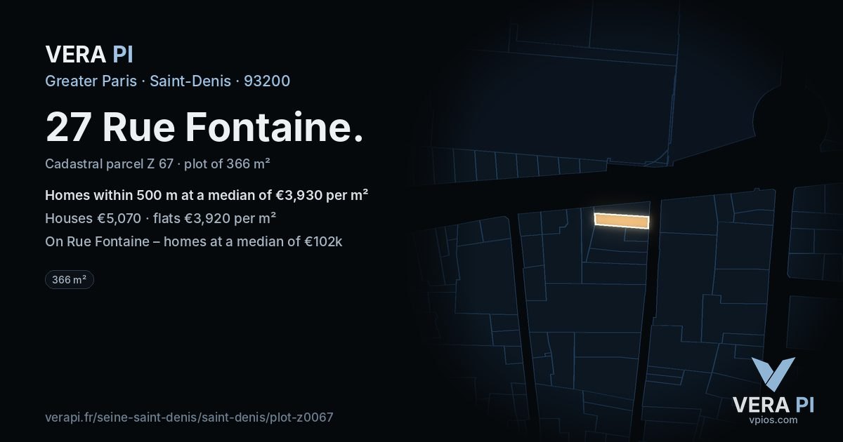 27 Rue Fontaine, Saint-Denis at night – the plot lit, the parcels around coloured by the prices near them