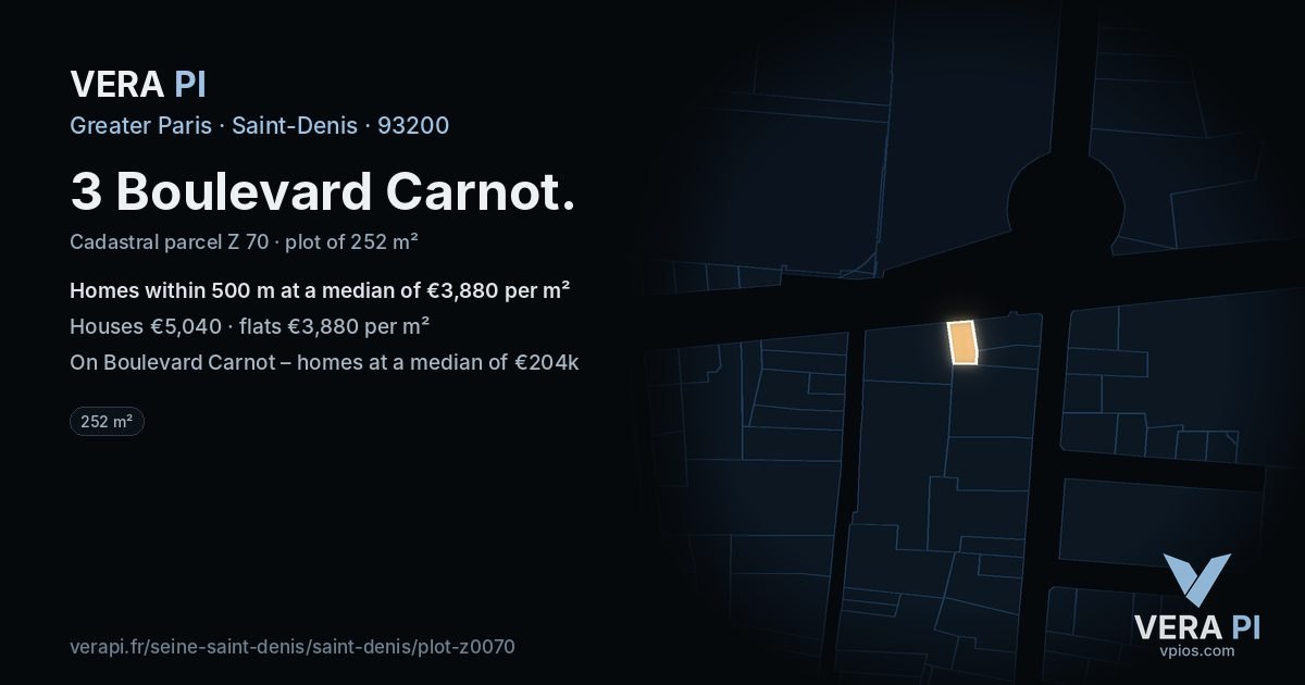 3 Boulevard Carnot, Saint-Denis at night – the plot lit, the parcels around coloured by the prices near them
