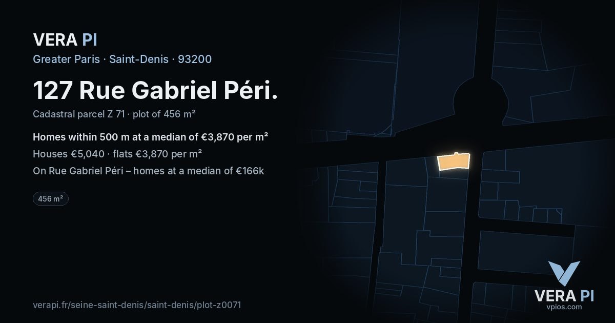 127 Rue Gabriel Péri, Saint-Denis at night – the plot lit, the parcels around coloured by the prices near them