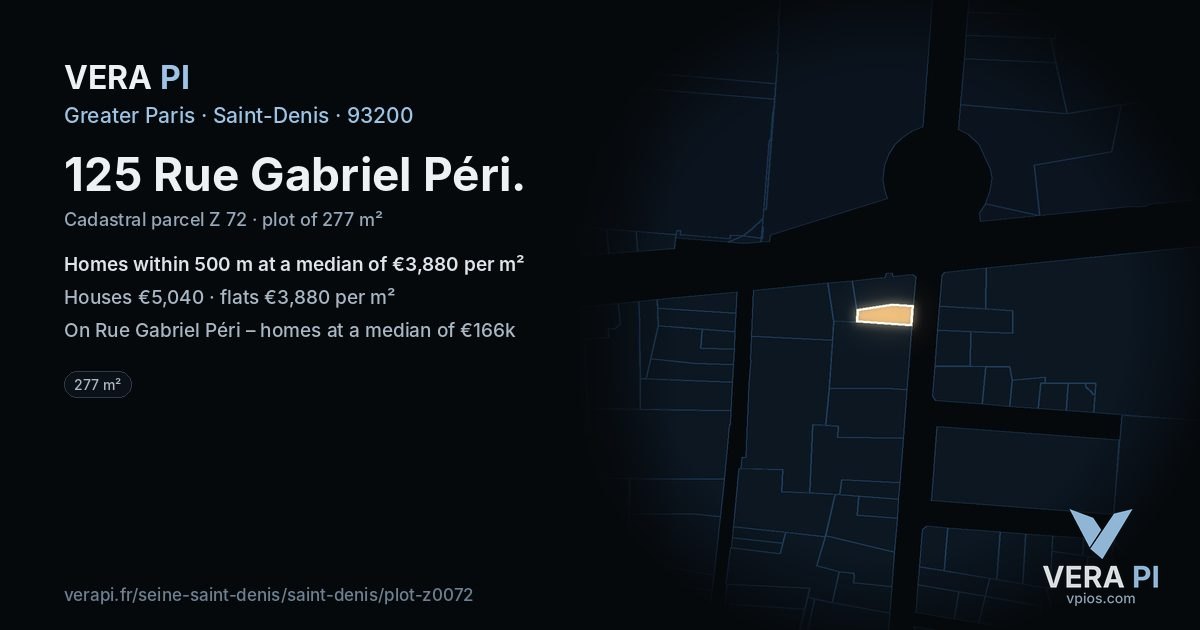 125 Rue Gabriel Péri, Saint-Denis at night – the plot lit, the parcels around coloured by the prices near them