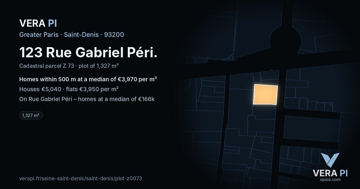 123 Rue Gabriel Péri, Saint-Denis at night – the plot lit, the parcels around coloured by the prices near them