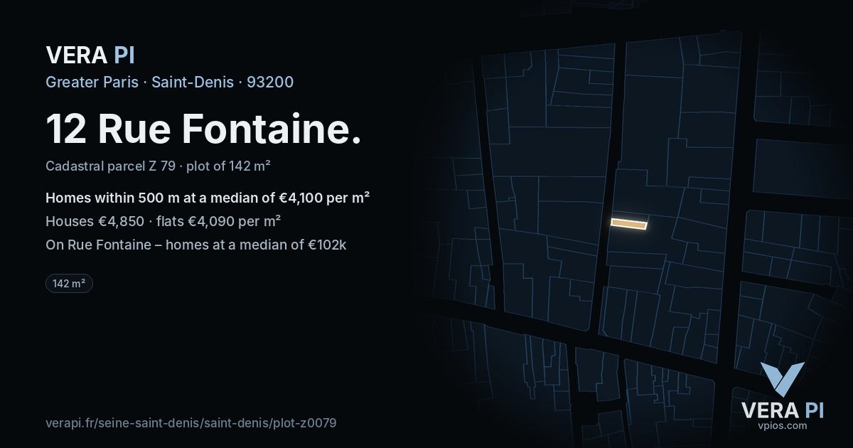 12 Rue Fontaine, Saint-Denis at night – the plot lit, the parcels around coloured by the prices near them