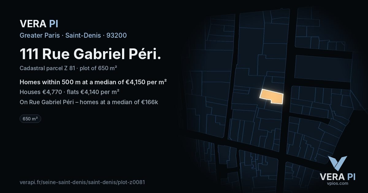 111 Rue Gabriel Péri, Saint-Denis at night – the plot lit, the parcels around coloured by the prices near them