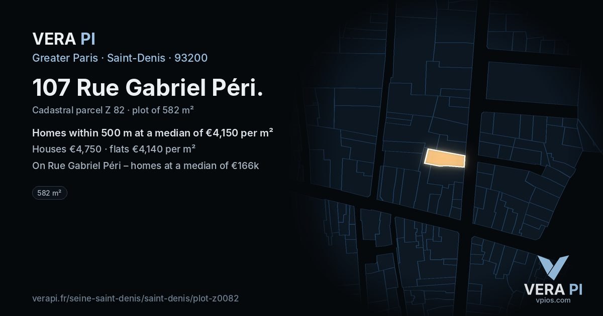 107 Rue Gabriel Péri, Saint-Denis at night – the plot lit, the parcels around coloured by the prices near them