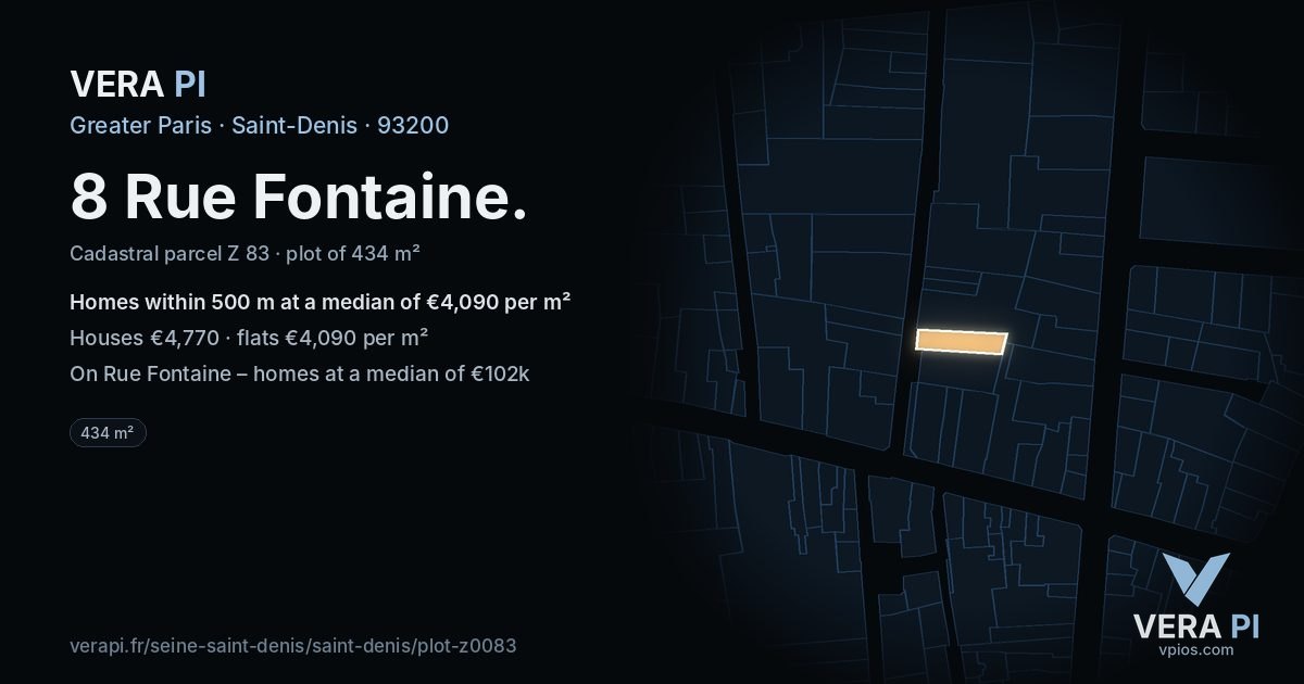 8 Rue Fontaine, Saint-Denis at night – the plot lit, the parcels around coloured by the prices near them