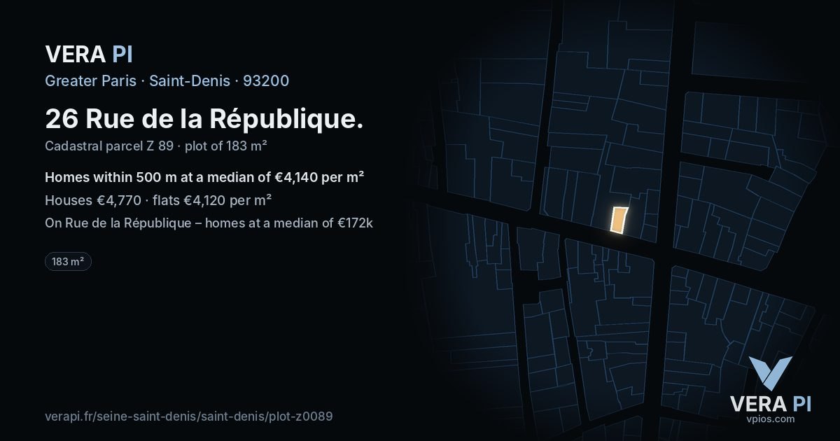 26 Rue de la République, Saint-Denis at night – the plot lit, the parcels around coloured by the prices near them