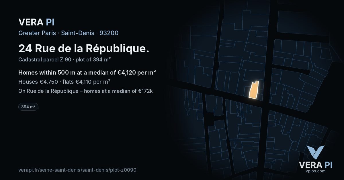 24 Rue de la République, Saint-Denis at night – the plot lit, the parcels around coloured by the prices near them
