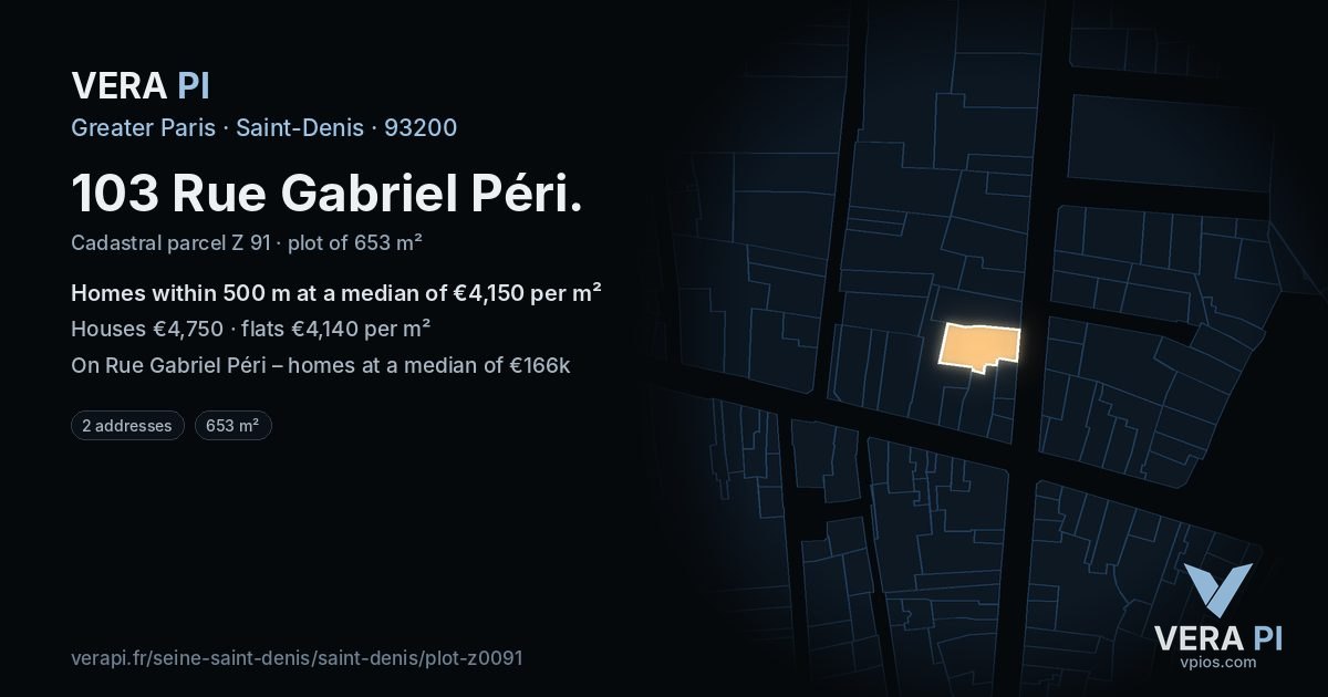 103 Rue Gabriel Péri, Saint-Denis at night – the plot lit, the parcels around coloured by the prices near them