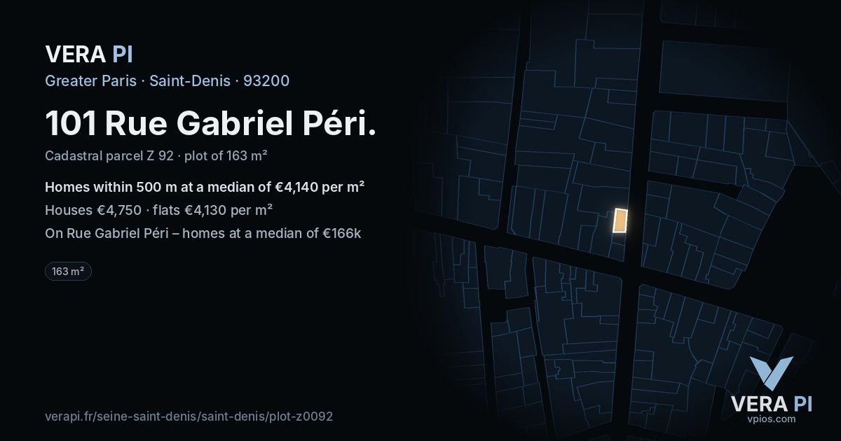 101 Rue Gabriel Péri, Saint-Denis at night – the plot lit, the parcels around coloured by the prices near them