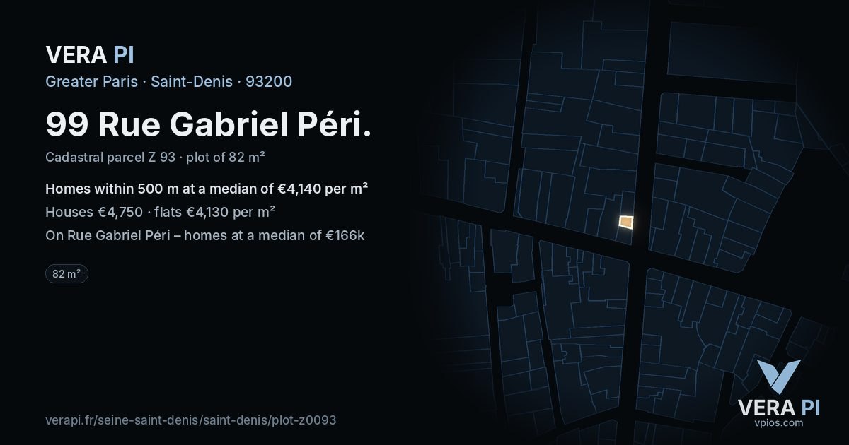 99 Rue Gabriel Péri, Saint-Denis at night – the plot lit, the parcels around coloured by the prices near them