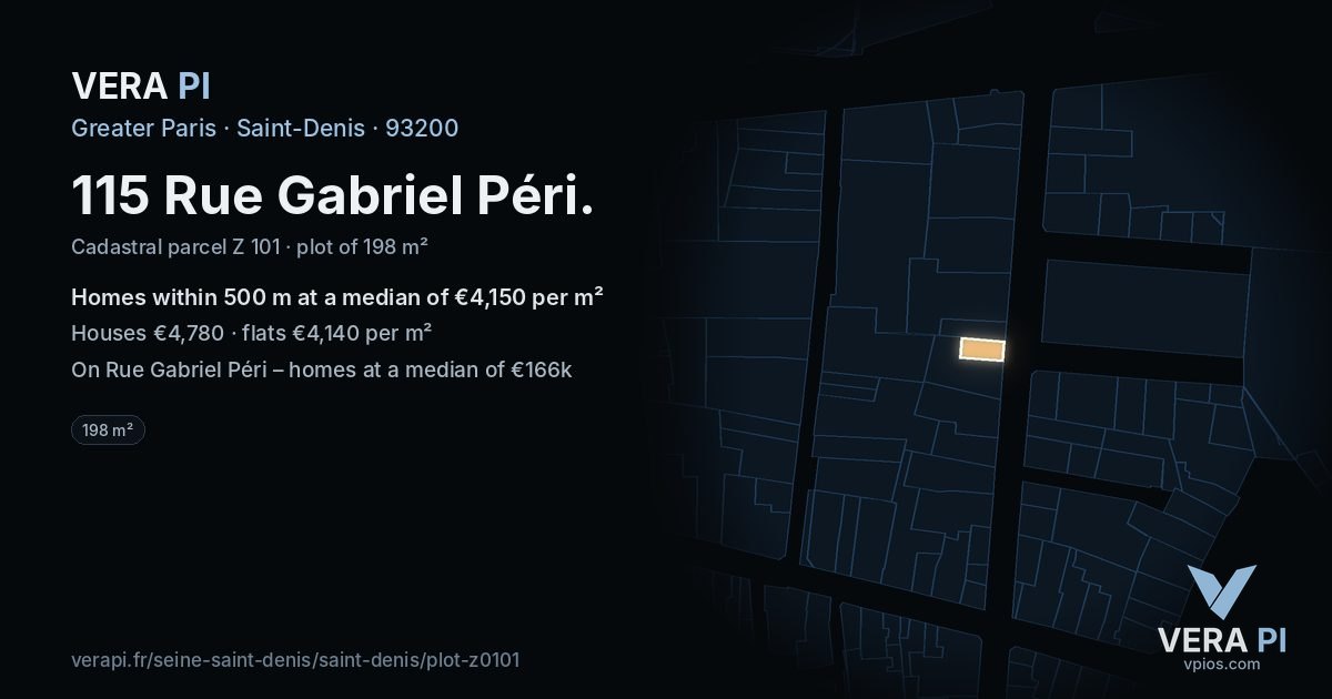 115 Rue Gabriel Péri, Saint-Denis at night – the plot lit, the parcels around coloured by the prices near them