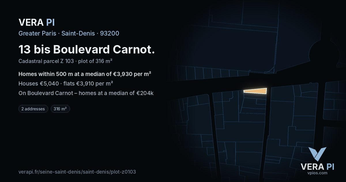 13 bis Boulevard Carnot, Saint-Denis at night – the plot lit, the parcels around coloured by the prices near them