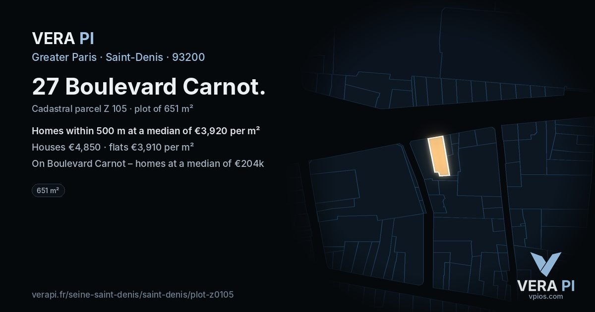27 Boulevard Carnot, Saint-Denis at night – the plot lit, the parcels around coloured by the prices near them