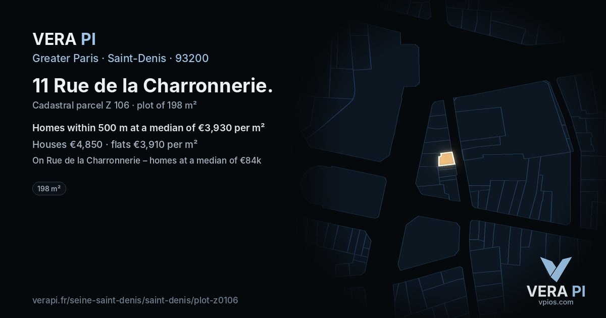 11 Rue de la Charronnerie, Saint-Denis at night – the plot lit, the parcels around coloured by the prices near them