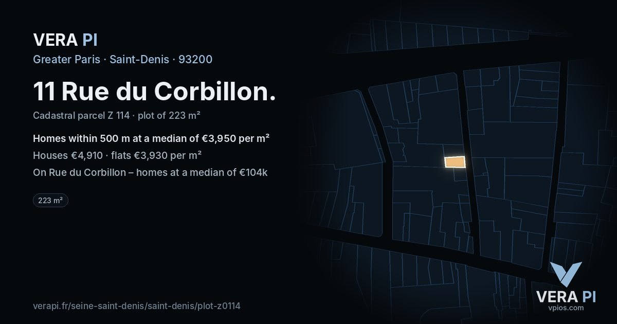 11 Rue du Corbillon, Saint-Denis at night – the plot lit, the parcels around coloured by the prices near them
