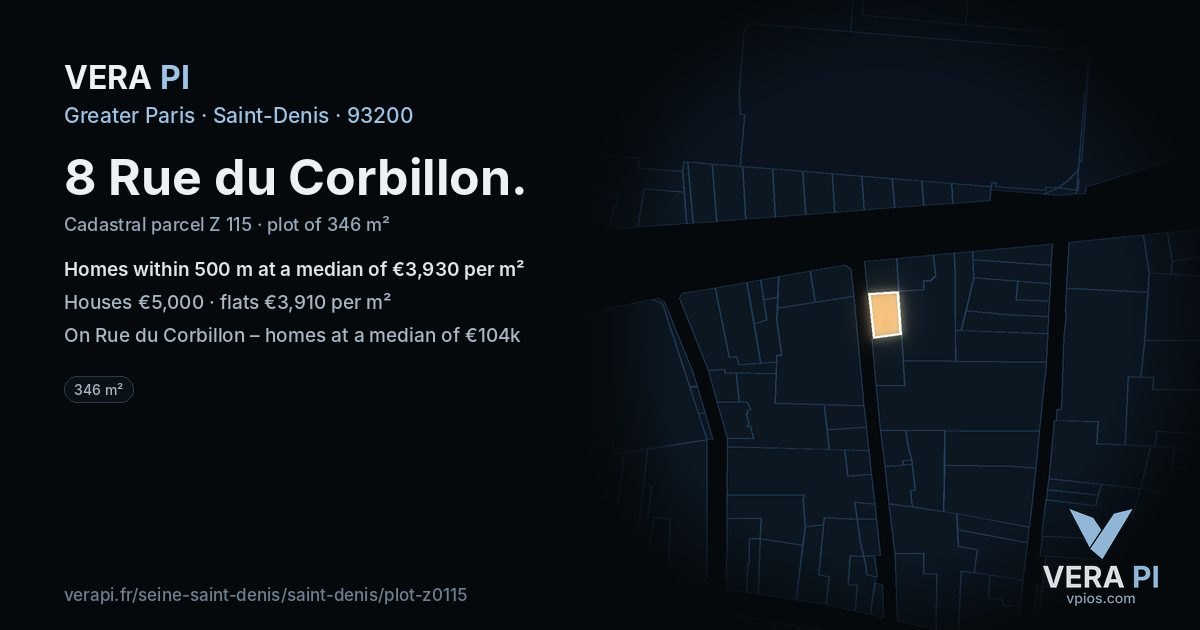 8 Rue du Corbillon, Saint-Denis at night – the plot lit, the parcels around coloured by the prices near them