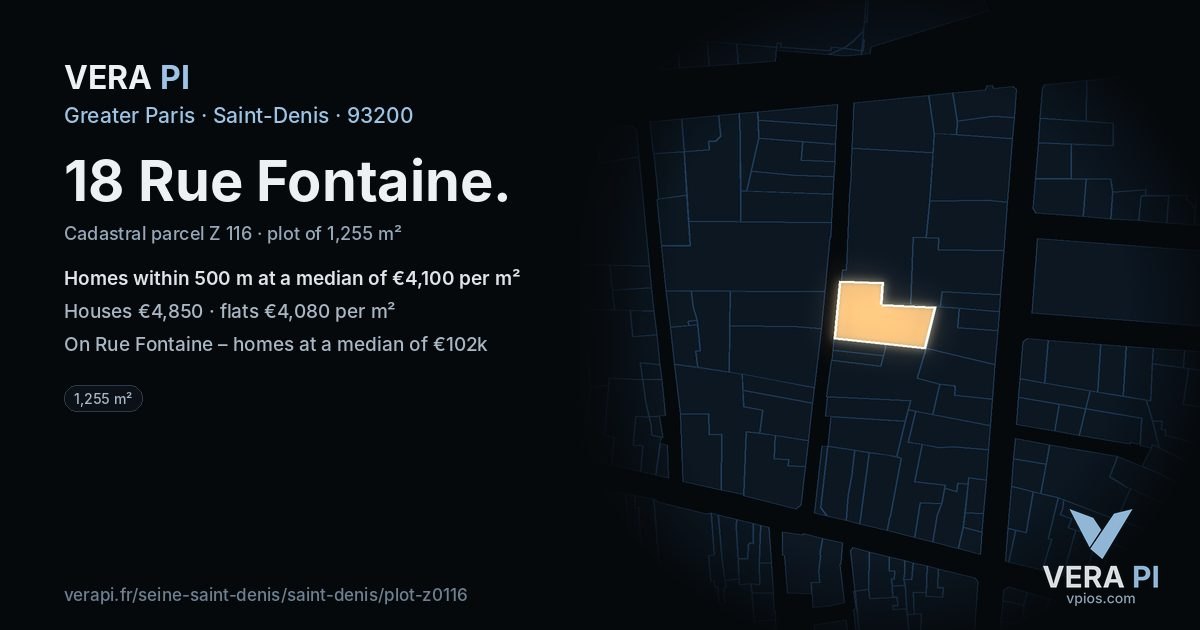 18 Rue Fontaine, Saint-Denis at night – the plot lit, the parcels around coloured by the prices near them