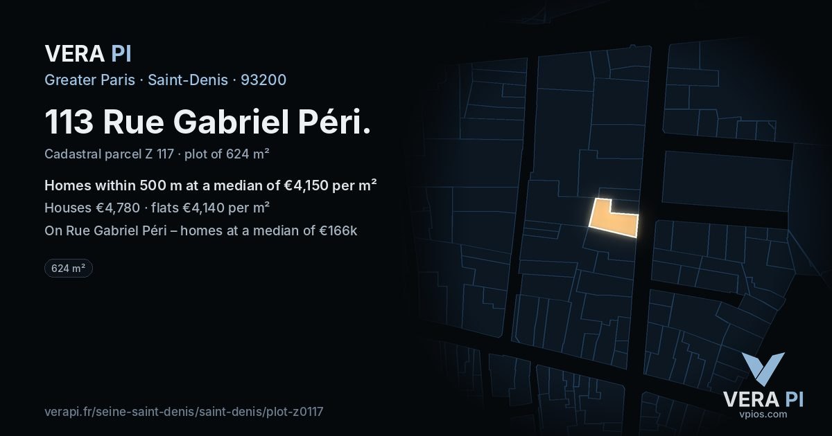 113 Rue Gabriel Péri, Saint-Denis at night – the plot lit, the parcels around coloured by the prices near them