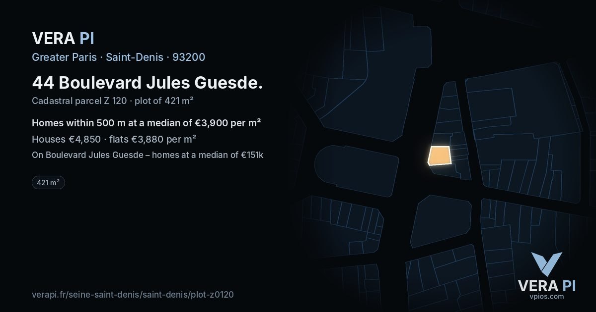 44 Boulevard Jules Guesde, Saint-Denis at night – the plot lit, the parcels around coloured by the prices near them