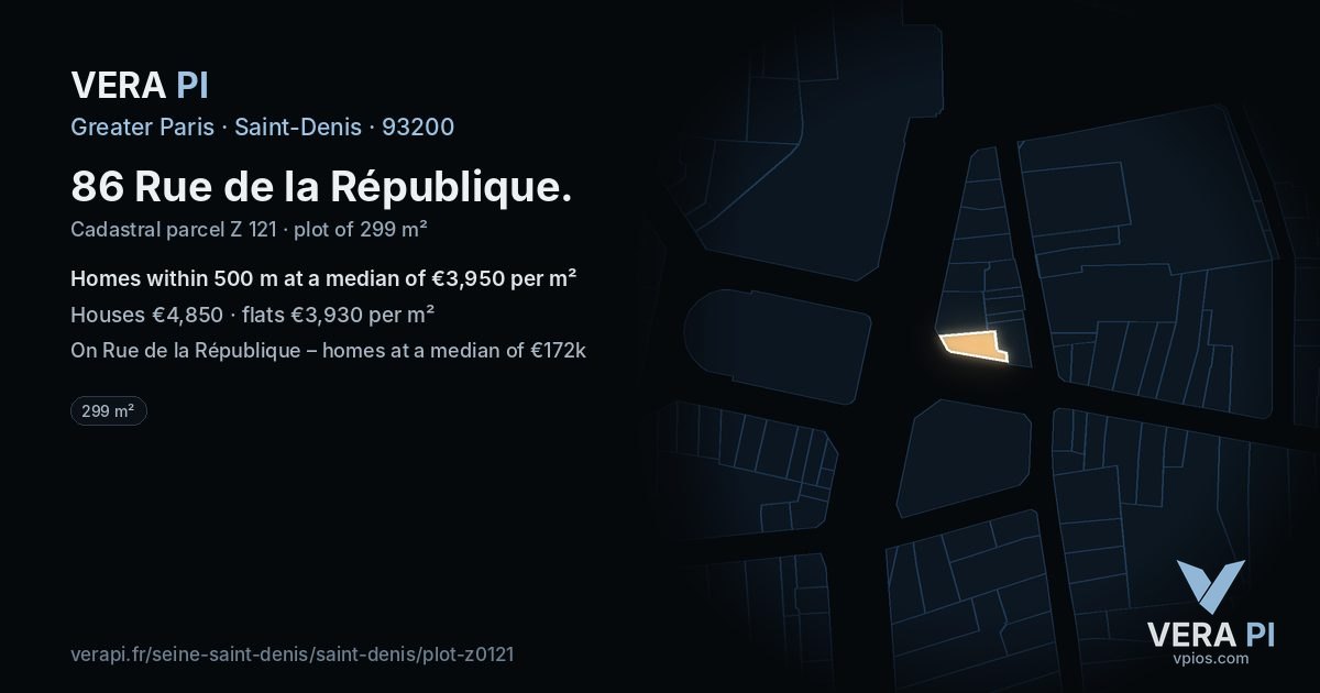 86 Rue de la République, Saint-Denis at night – the plot lit, the parcels around coloured by the prices near them