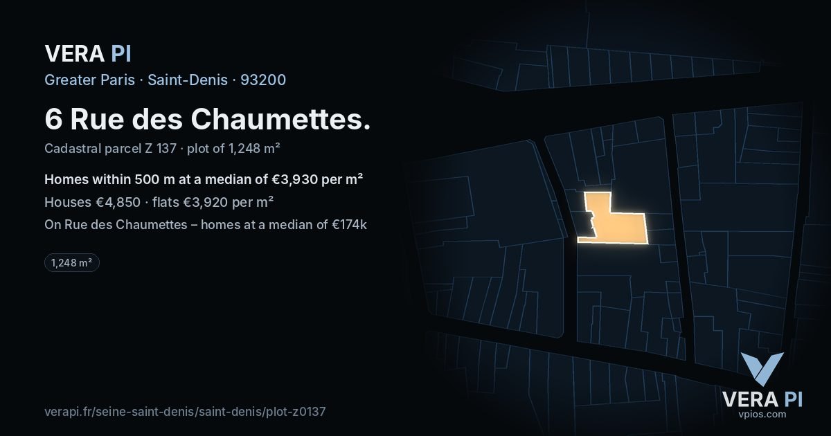 6 Rue des Chaumettes, Saint-Denis at night – the plot lit, the parcels around coloured by the prices near them