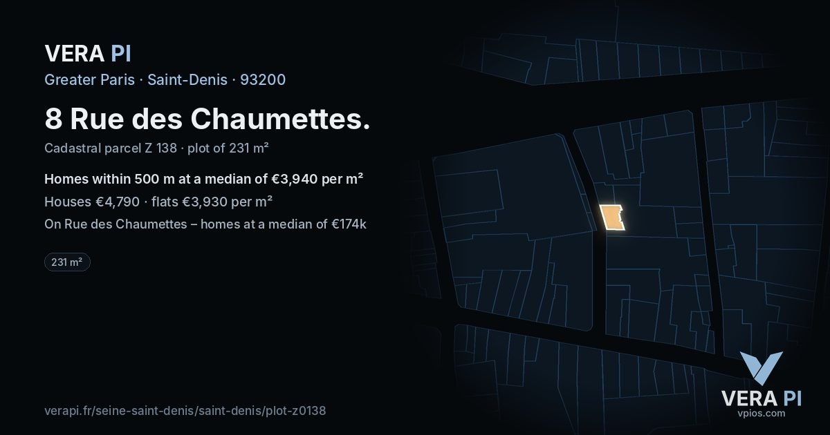 8 Rue des Chaumettes, Saint-Denis at night – the plot lit, the parcels around coloured by the prices near them