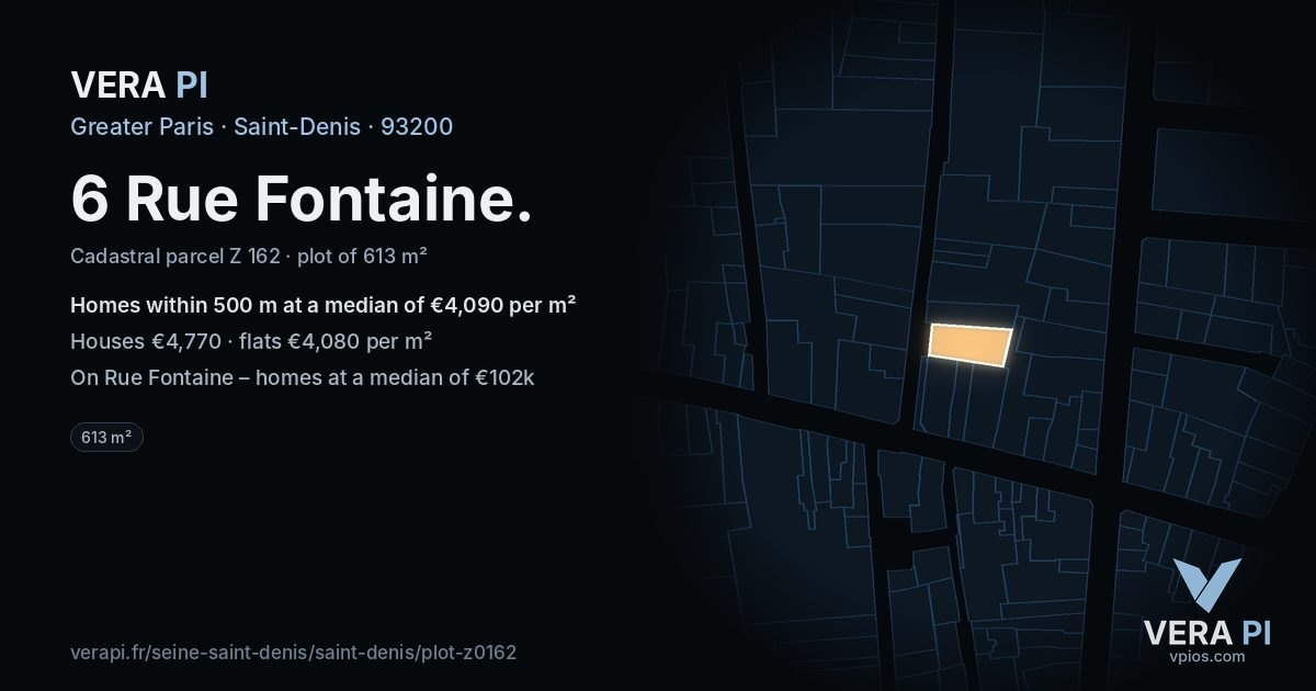 6 Rue Fontaine, Saint-Denis at night – the plot lit, the parcels around coloured by the prices near them