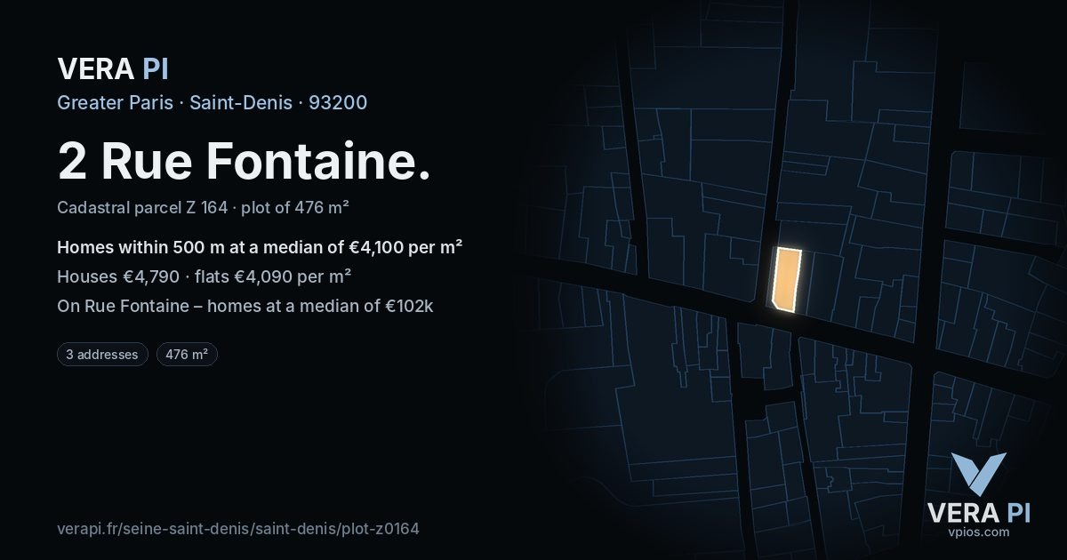 2 Rue Fontaine, Saint-Denis at night – the plot lit, the parcels around coloured by the prices near them