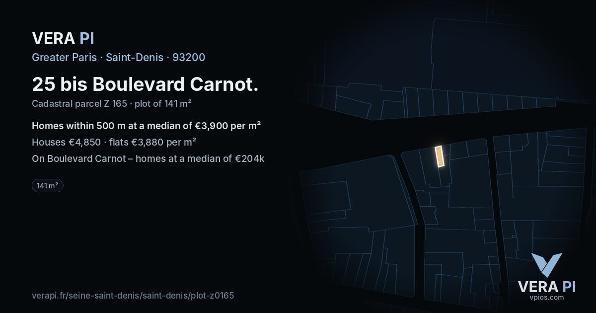 25 bis Boulevard Carnot, Saint-Denis at night – the plot lit, the parcels around coloured by the prices near them