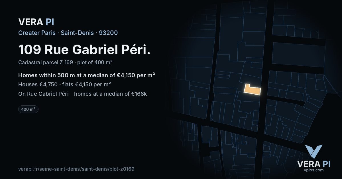 109 Rue Gabriel Péri, Saint-Denis at night – the plot lit, the parcels around coloured by the prices near them