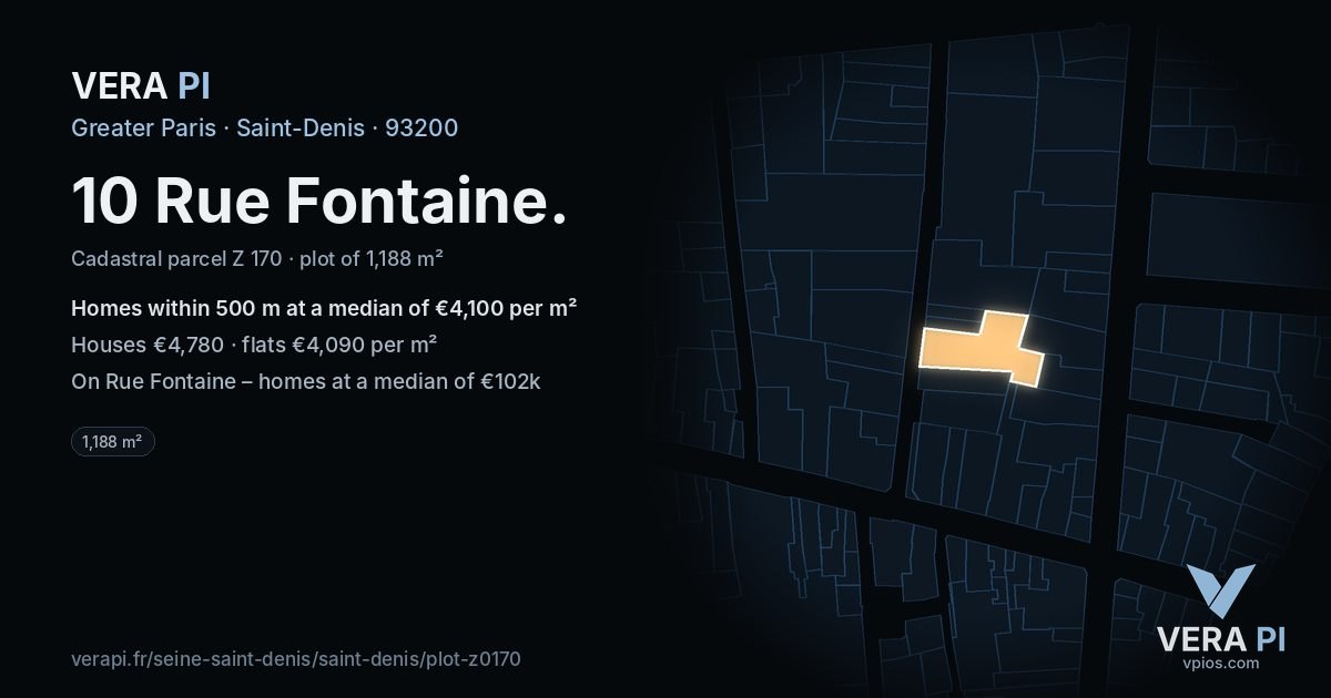 10 Rue Fontaine, Saint-Denis at night – the plot lit, the parcels around coloured by the prices near them