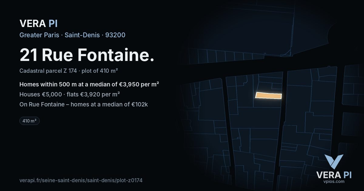 21 Rue Fontaine, Saint-Denis at night – the plot lit, the parcels around coloured by the prices near them