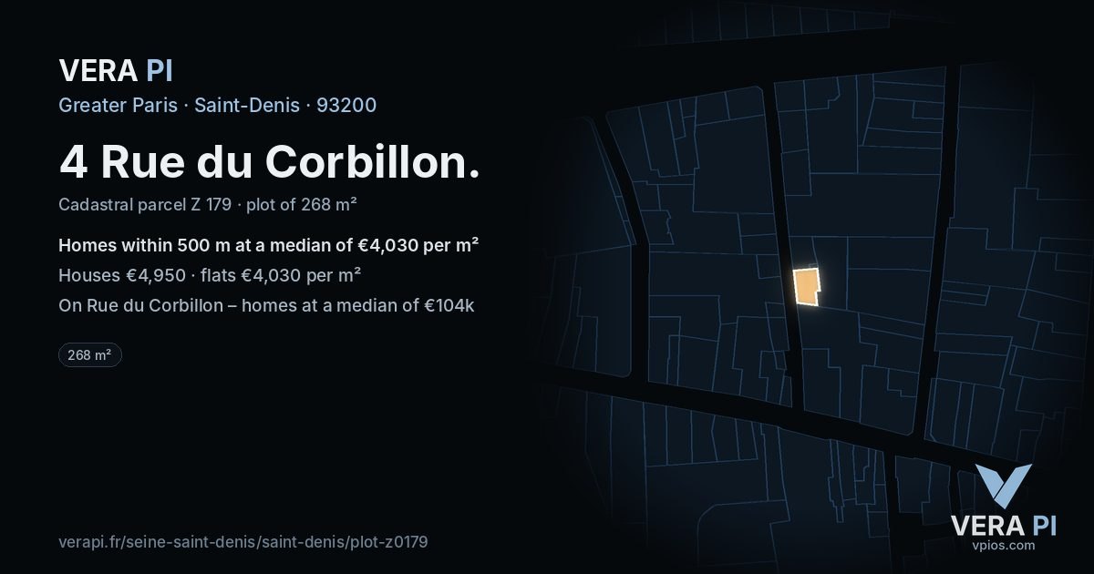 4 Rue du Corbillon, Saint-Denis at night – the plot lit, the parcels around coloured by the prices near them