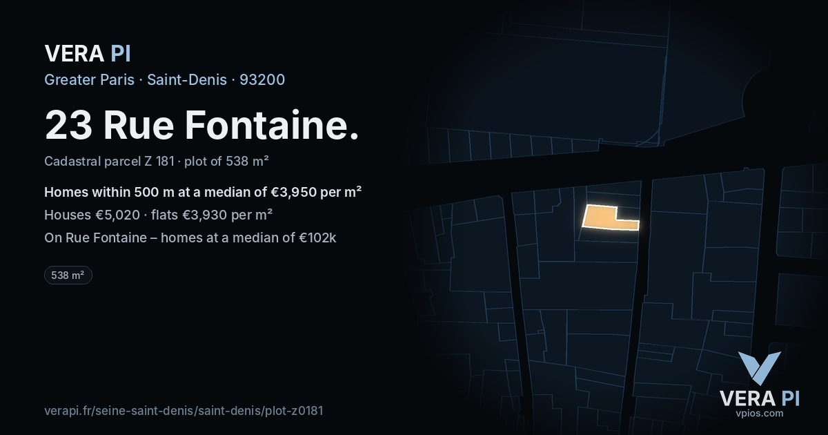 23 Rue Fontaine, Saint-Denis at night – the plot lit, the parcels around coloured by the prices near them
