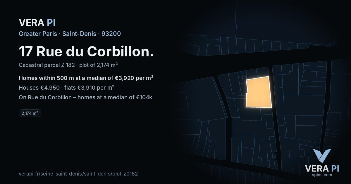17 Rue du Corbillon, Saint-Denis at night – the plot lit, the parcels around coloured by the prices near them