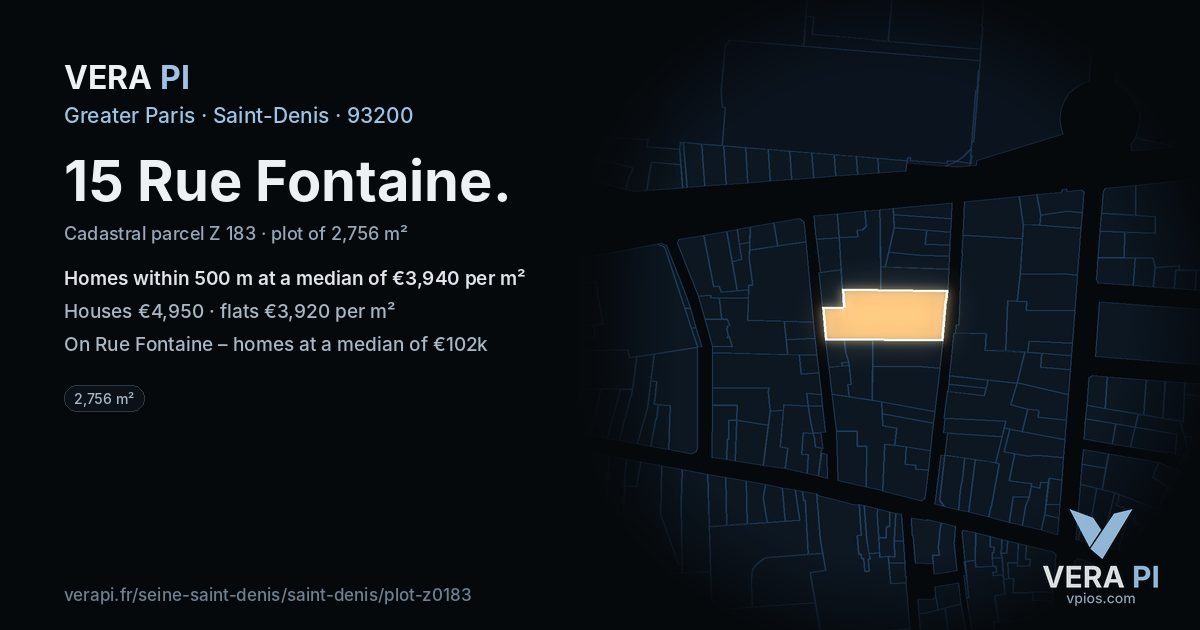 15 Rue Fontaine, Saint-Denis at night – the plot lit, the parcels around coloured by the prices near them