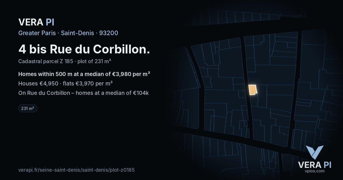 4 bis Rue du Corbillon, Saint-Denis at night – the plot lit, the parcels around coloured by the prices near them
