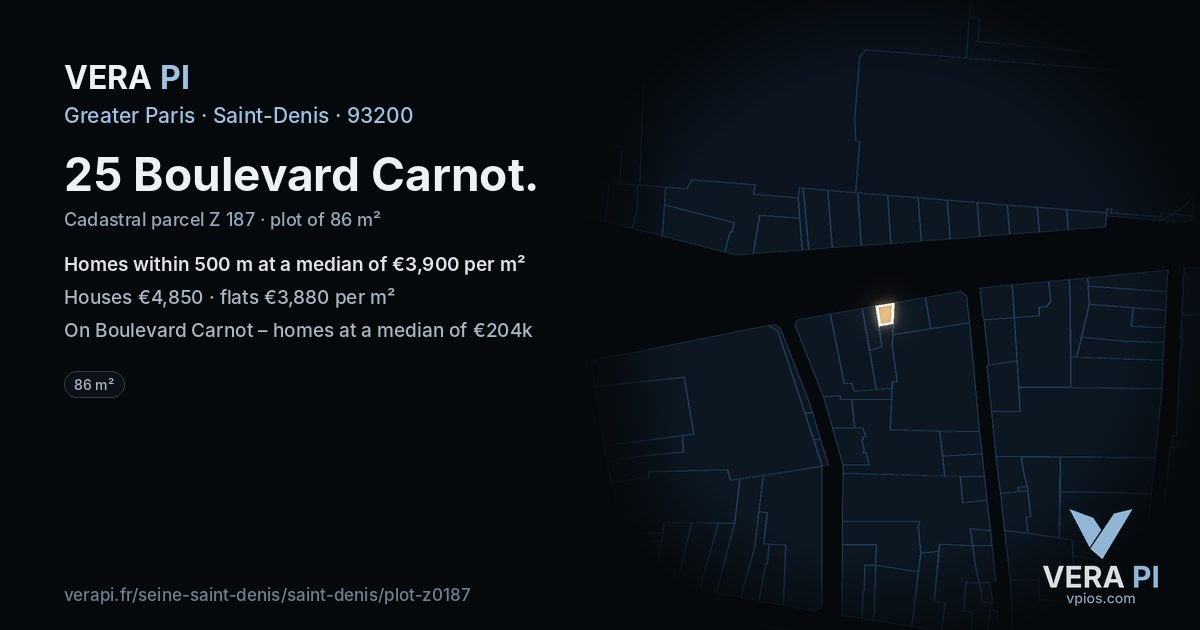 25 Boulevard Carnot, Saint-Denis at night – the plot lit, the parcels around coloured by the prices near them
