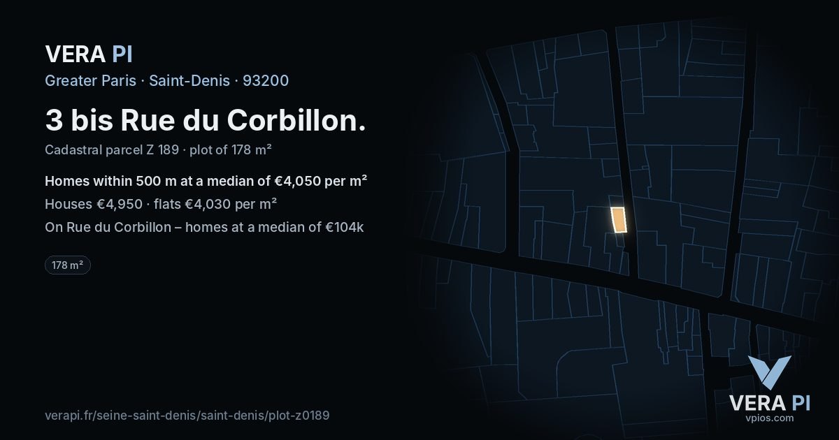 3 bis Rue du Corbillon, Saint-Denis at night – the plot lit, the parcels around coloured by the prices near them
