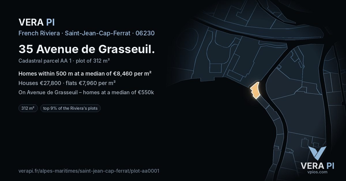 35 Avenue de Grasseuil, Saint-Jean-Cap-Ferrat at night – the plot lit, the parcels around coloured by the prices near them