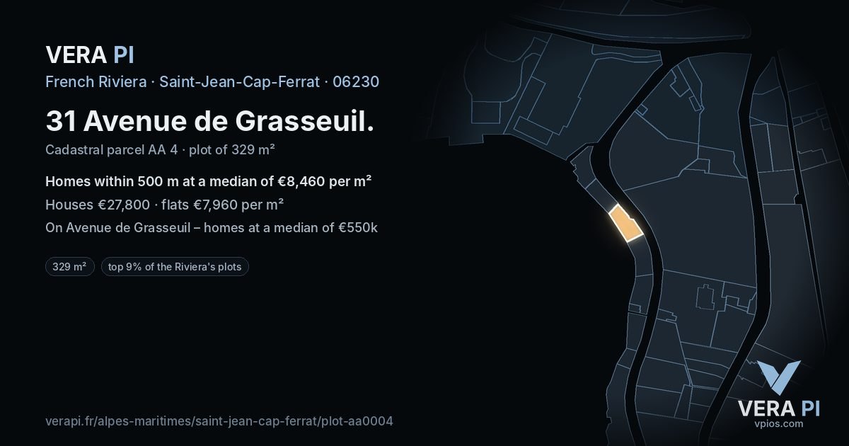 31 Avenue de Grasseuil, Saint-Jean-Cap-Ferrat at night – the plot lit, the parcels around coloured by the prices near them